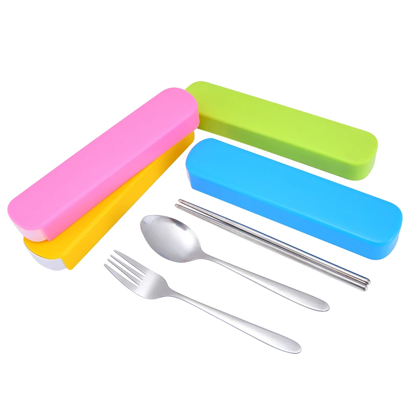 

Eco-Friendly Portable Reusable Stainless Steel Chopsticks Spoon Fork Cutlery Set with Smoked Pull Box, Blue,green,pink,yellow