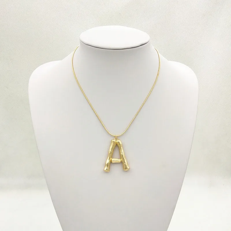 

Gold Hammered Metal Bamboo 26 Letter Alphabet A-Z Minimalist Initial Statement Pendant Necklace Fashion Snake Chain Neck Jewelry, Picture
