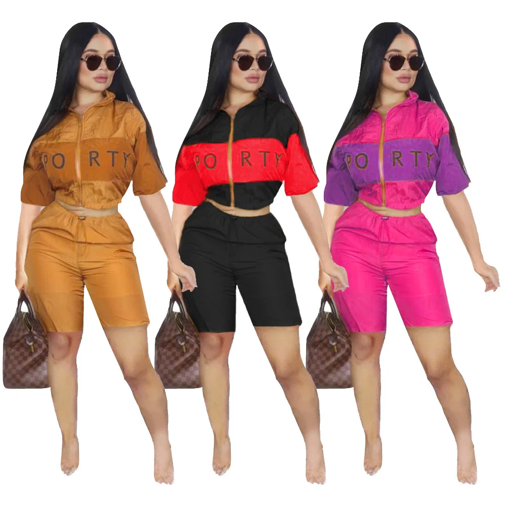 

New Arrivals Women Zipper Up Short Sleeve Crop Jacket Short Pants 2 Pieces Set Color Block Patchwork Letter Print Tracksuit, Picture show