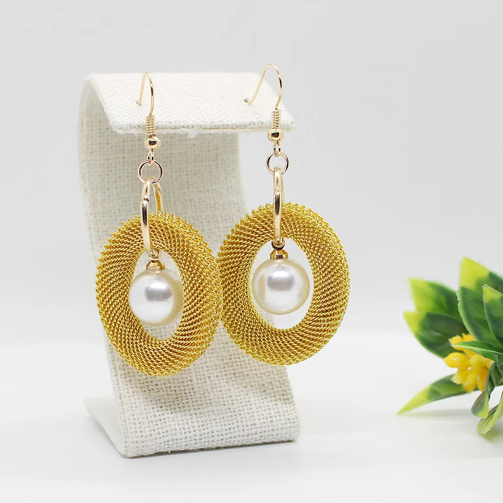 

Anzhida 2019 new fashion gold-plated mesh oval pearl long earrings simple trend earrings, Gold /rose gold/silver