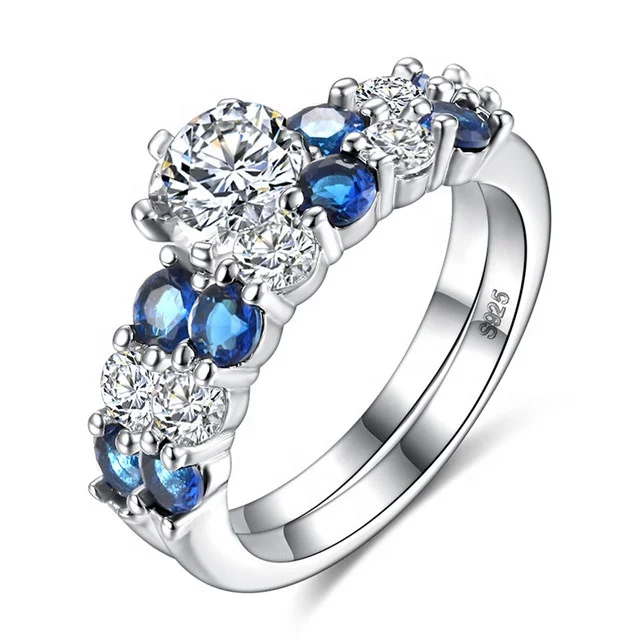 

High Grade Luxurious Blue Sharp Zircon Female Ring 2pcs/set Wedding Rings for Women