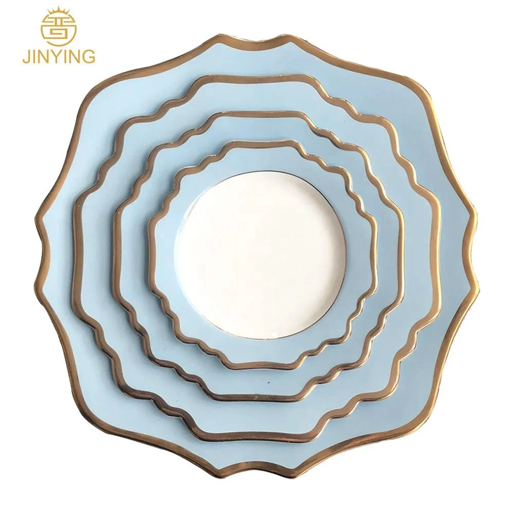 

Wholesale navy blue ceramic charger plate set gold rim sunflower porcelain dinnerware sets with elegance design for wedding part, Customized color
