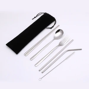 Image of Stainless steel portable travel outdoor cutlery set drinking straw set for picnic with pouch