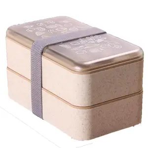 biodegradable 2 layers wheat straw fiber  bento lunch box with fork and spoon