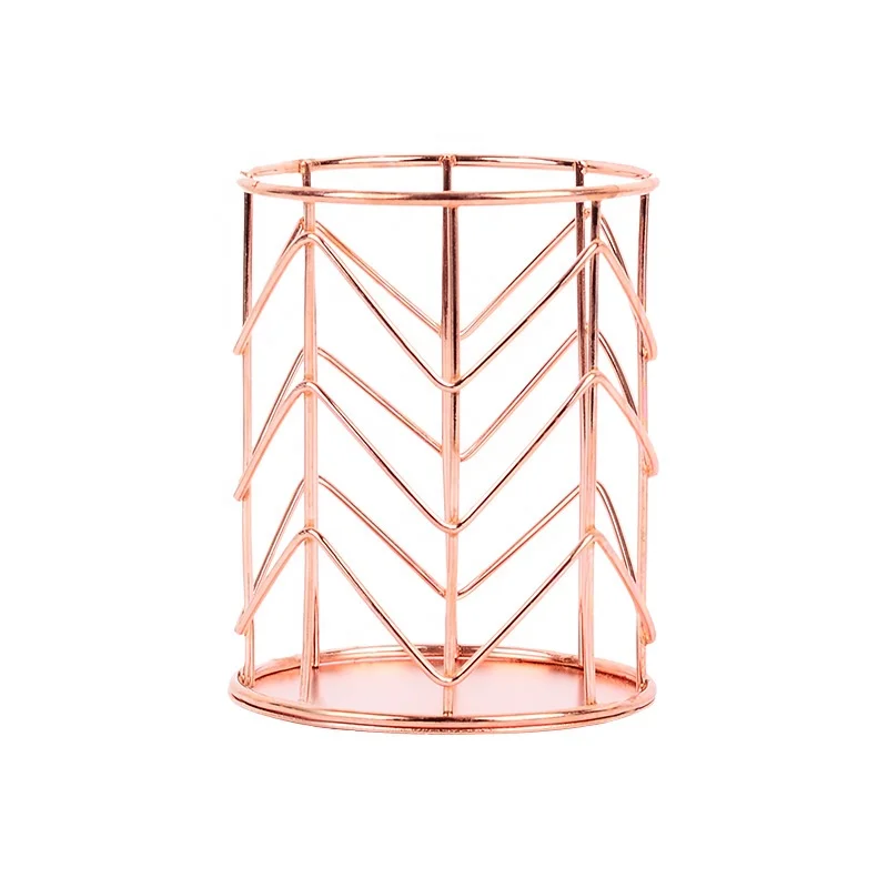 

Metal Rose Gold Wire Round Wrought Iron Mesh Family Table Storage Box Pen Holder