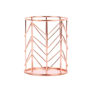 Image of Metal Rose Gold Wire Round Wrought Iron Mesh Family Table Storage Box Pen Holder