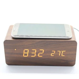 Eco-friendly Creative Multifunction 2 in 1 Wooden LED  Alarm Clock QI Mobile Phone Wireless Charger