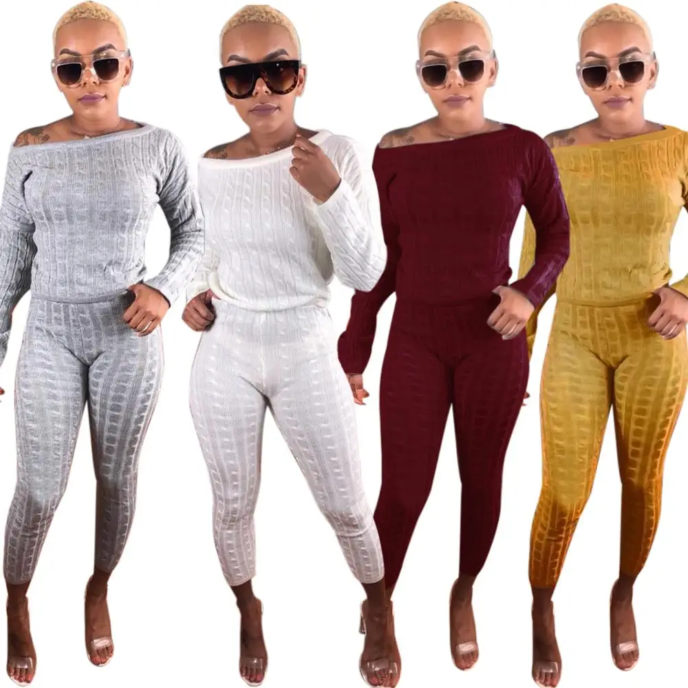 Winter solid color loose long sleeve knitted two piece set women clothing