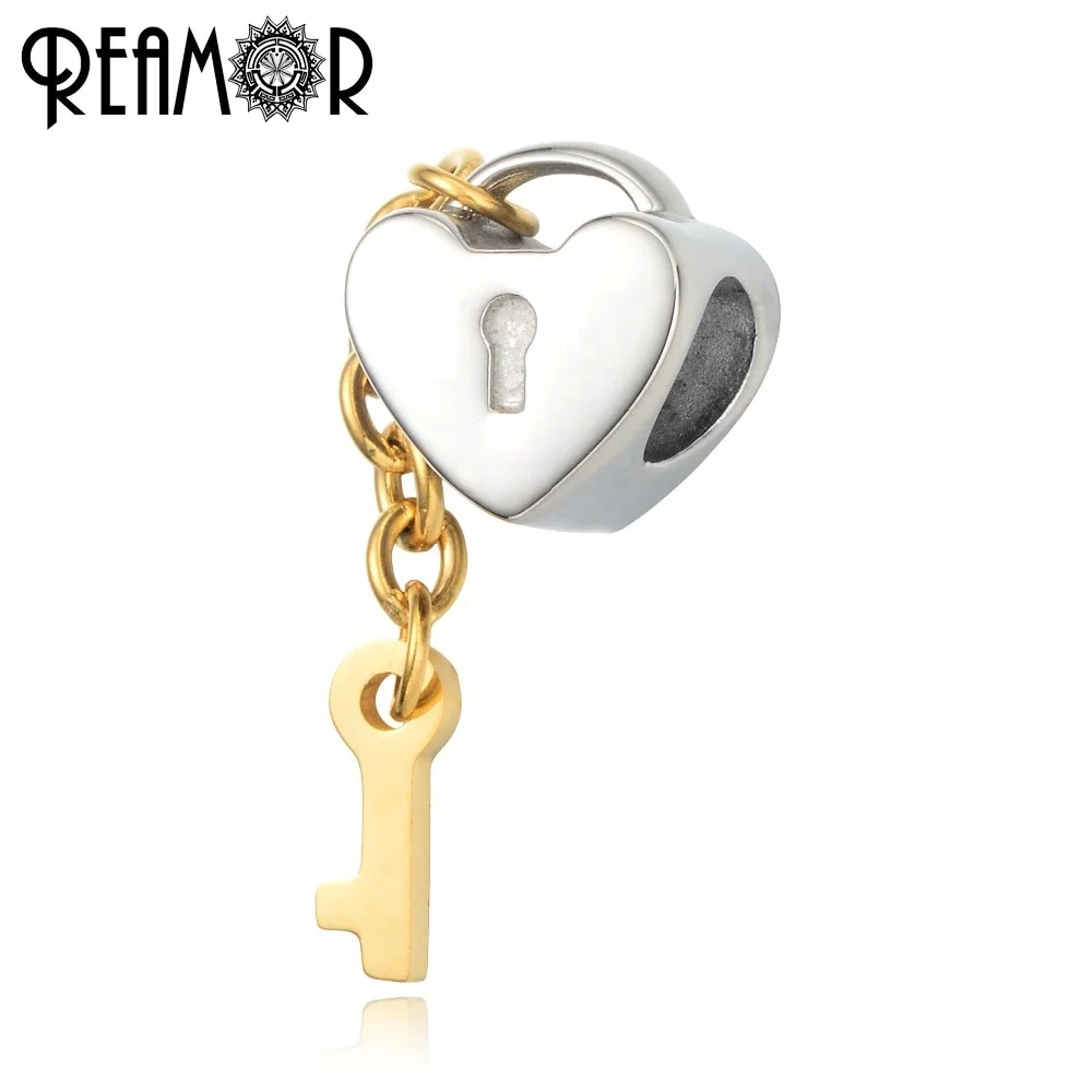 

REAMOR Stainless steel Gold Love Heart Key Lock Leather Lucky U Christmas Bell Pendant Charm Spacer Beads for Women Jewelry