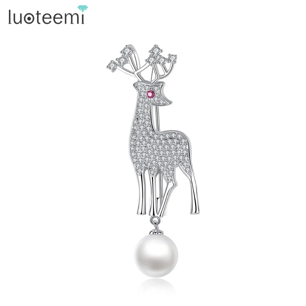 

LUOTEEMI Beautiful Fashion Wedding Jewelry Silver-color CZ Crystal Imitation Pearl Deer Scarf Brooches, N/a