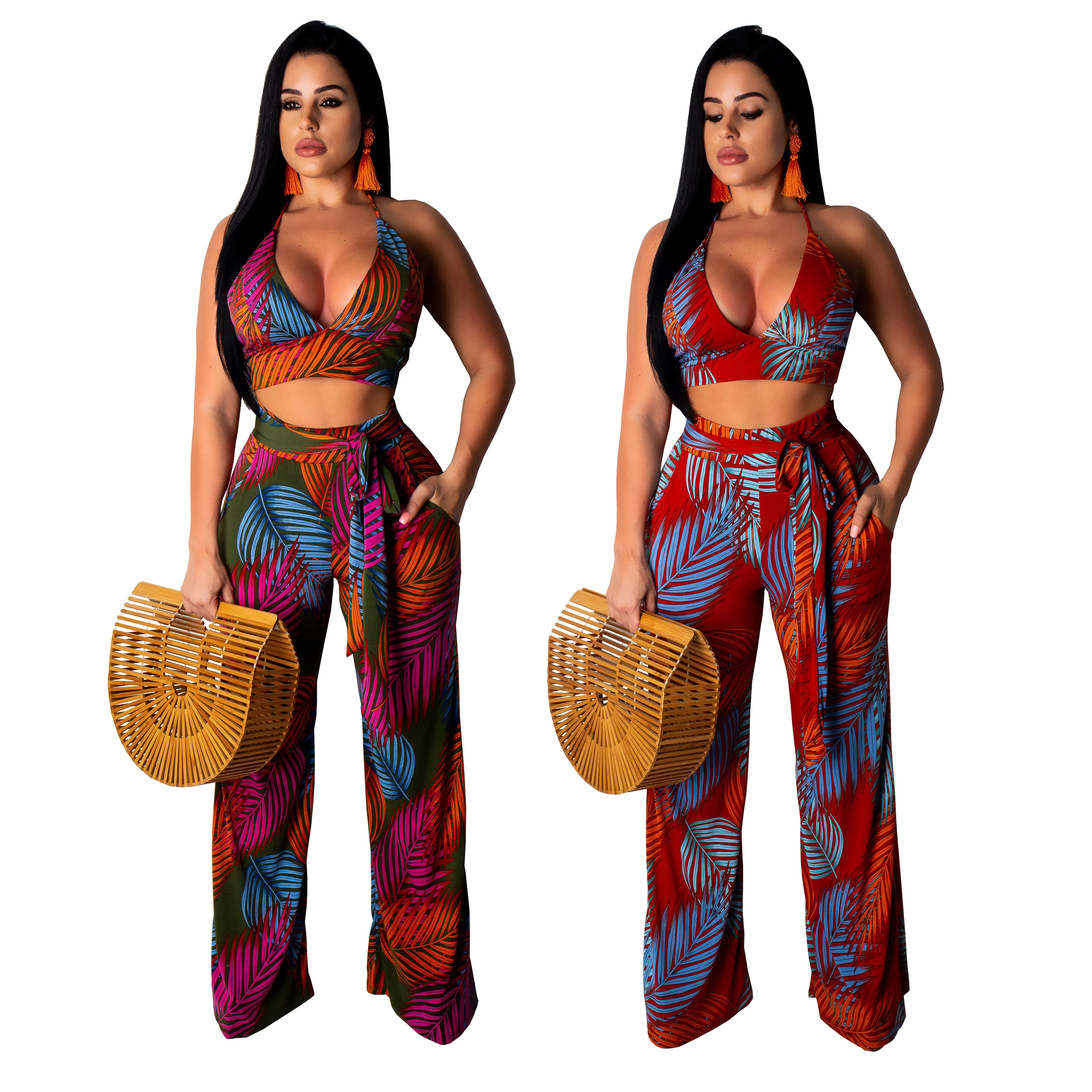 

2019 Ladies Sexy two piece outfits elegant V Neck tie crop top palazzo long pants floral jumpsuit