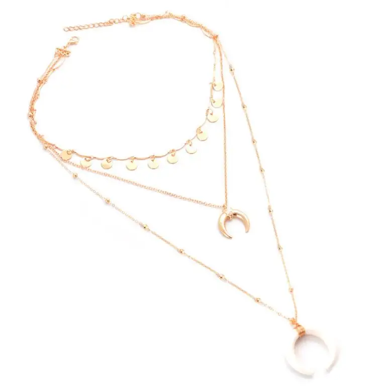 

European and American women's elegant fashion multi-layer Golden Disc bullhorn Moon Pendant Bohemian Necklace, Gold color