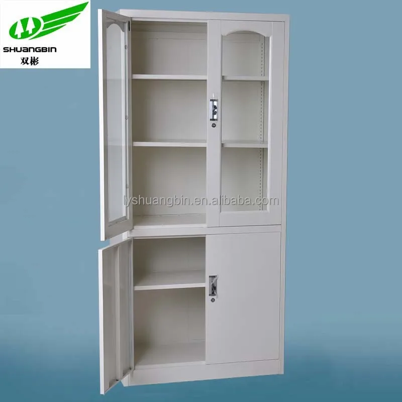 4 Door White Book Storage Steel Office Cabinet Glass Door Lockable