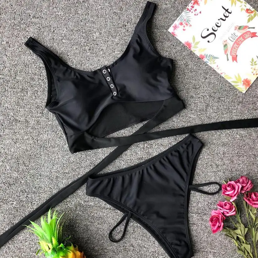 

2019 Hot Design Women Sexy Bikini Bandage Pure Color Button High Waist Two Piece Tankinis Swimwear, Black,blue