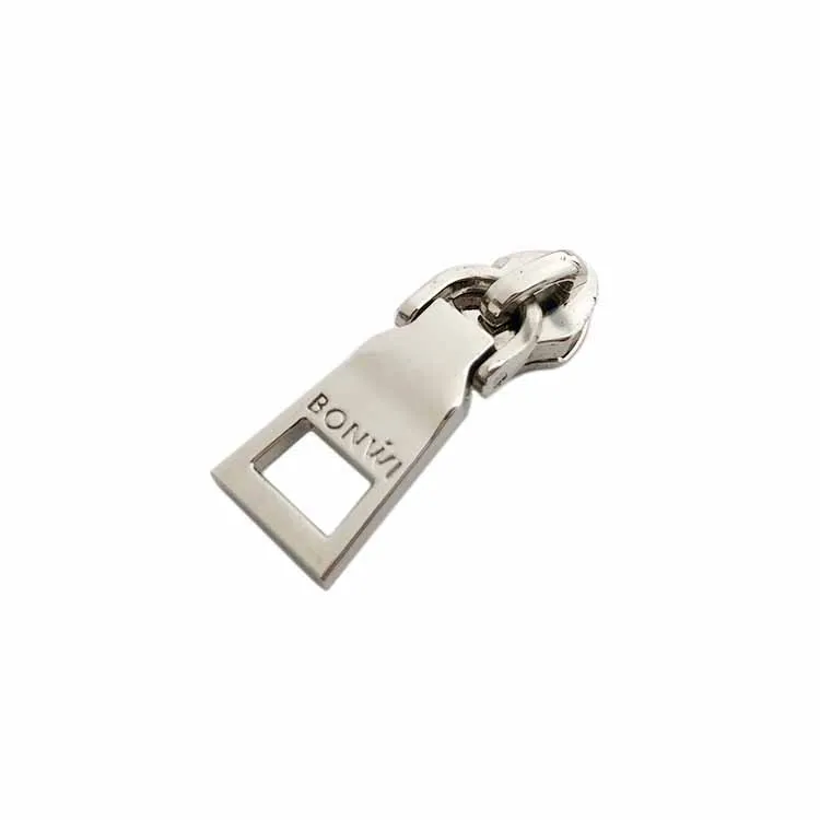 Fashion embossed silver brand logo custom designer double metal zipper puller head with slider for garment