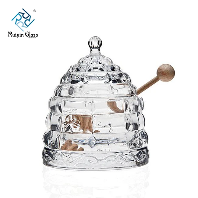 

2021 new produce hand made glass honey jar &honey pot, Clear, red, blue