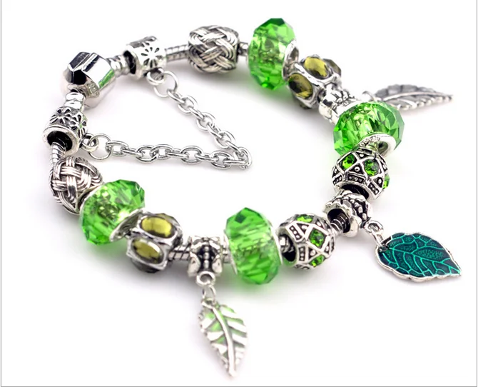 

Multiple Beads With Chain With Pendent Leaf European Silver Charm Bracelets Bangles Women with Green Lampwork Glass BeadsFashio