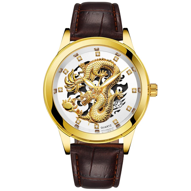 

Bosck Dragon Series Mens Casual Fashion Gold Dragon Surface Diamond Decoration Leather Band Japan Movement Wrist Watch