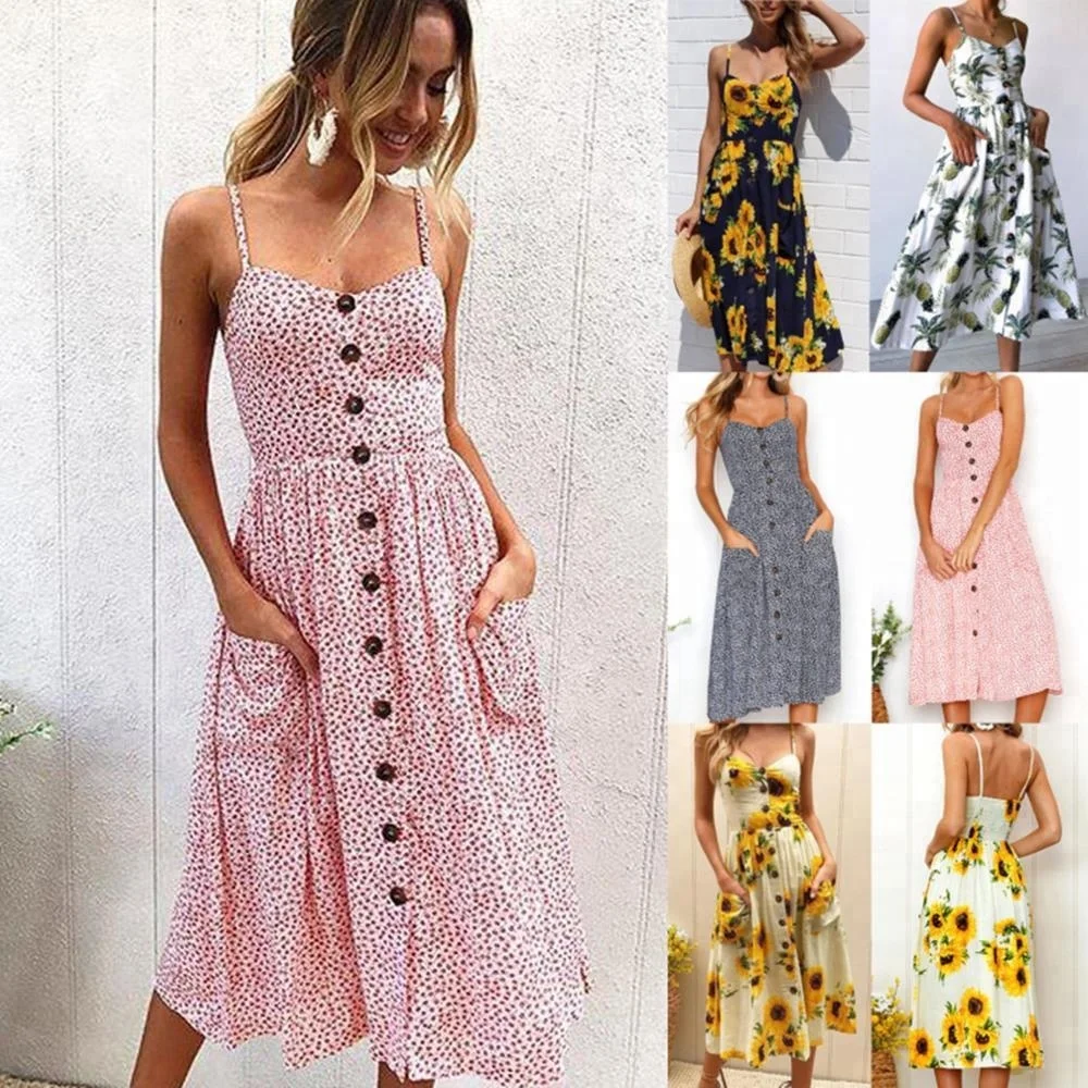 

Ladies Fashion Clothing 2018 Summer Dresses Women Backless Slip Flower Print Dress