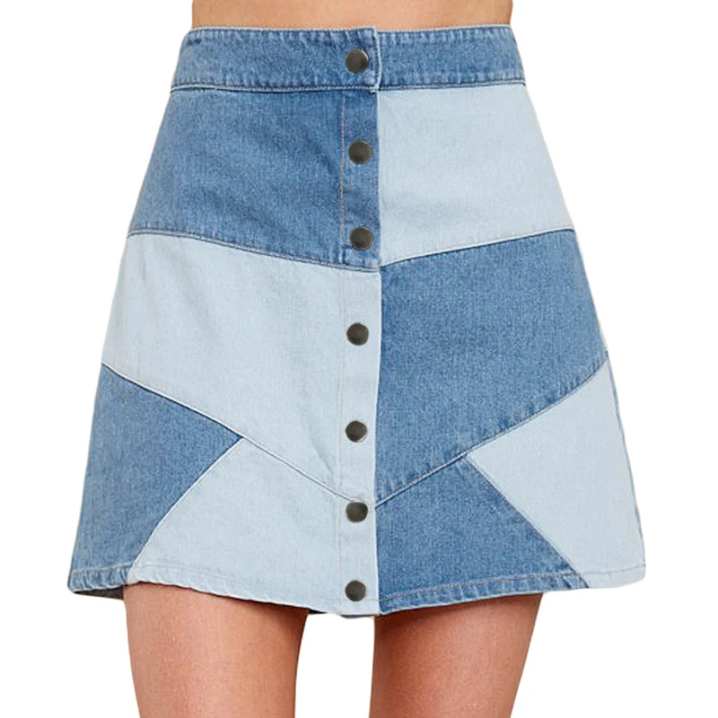 

New Design Casual Light Blue Color Block Denim Skirt
