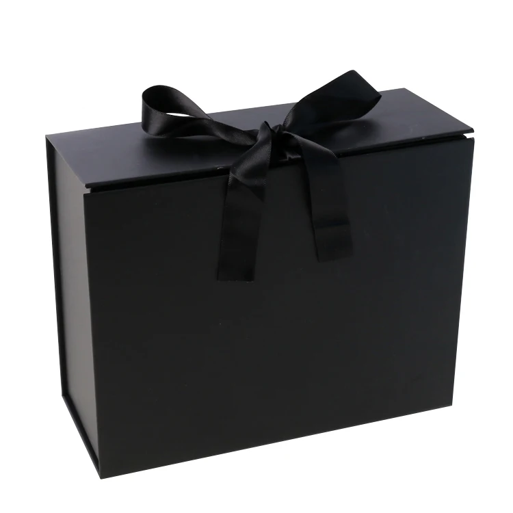 Custom Logo Luxury Black Paper Packaging Fold Gift Box With Silk Ribbon ...