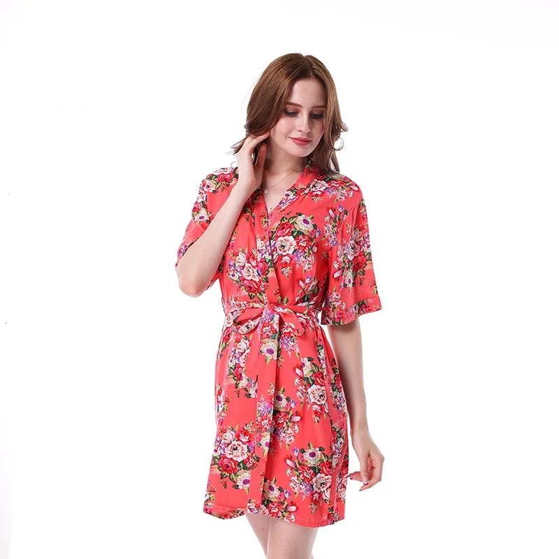 

2018 New Design Women' Wedding Short Cotton Floral Pattern Bride and Bridesmaids Kimono Robe Cotton Pregnancy Nightgown, Pink;white;purple;black;coral;lake blue;navy blue