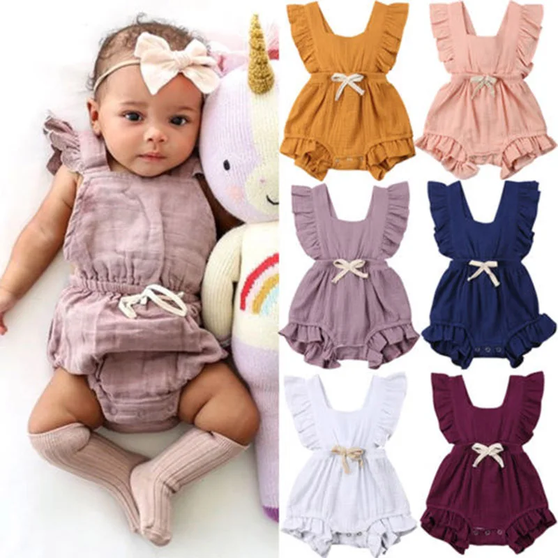 

2019 Pretty Summer Newborn Kid Baby Girl Summer Bodysuit Lotus Ruffle Sleeve Climb Romper Solid Jumpsuit For 0-24M, As picture