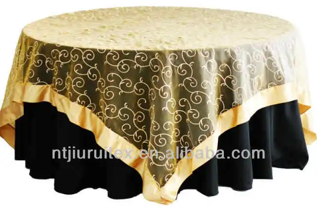 Golden Organza Embroidered Table Cloth Overlay With Satin Band Golden Organza Embroidered Table Cloth Overlay With Satin Band Product On