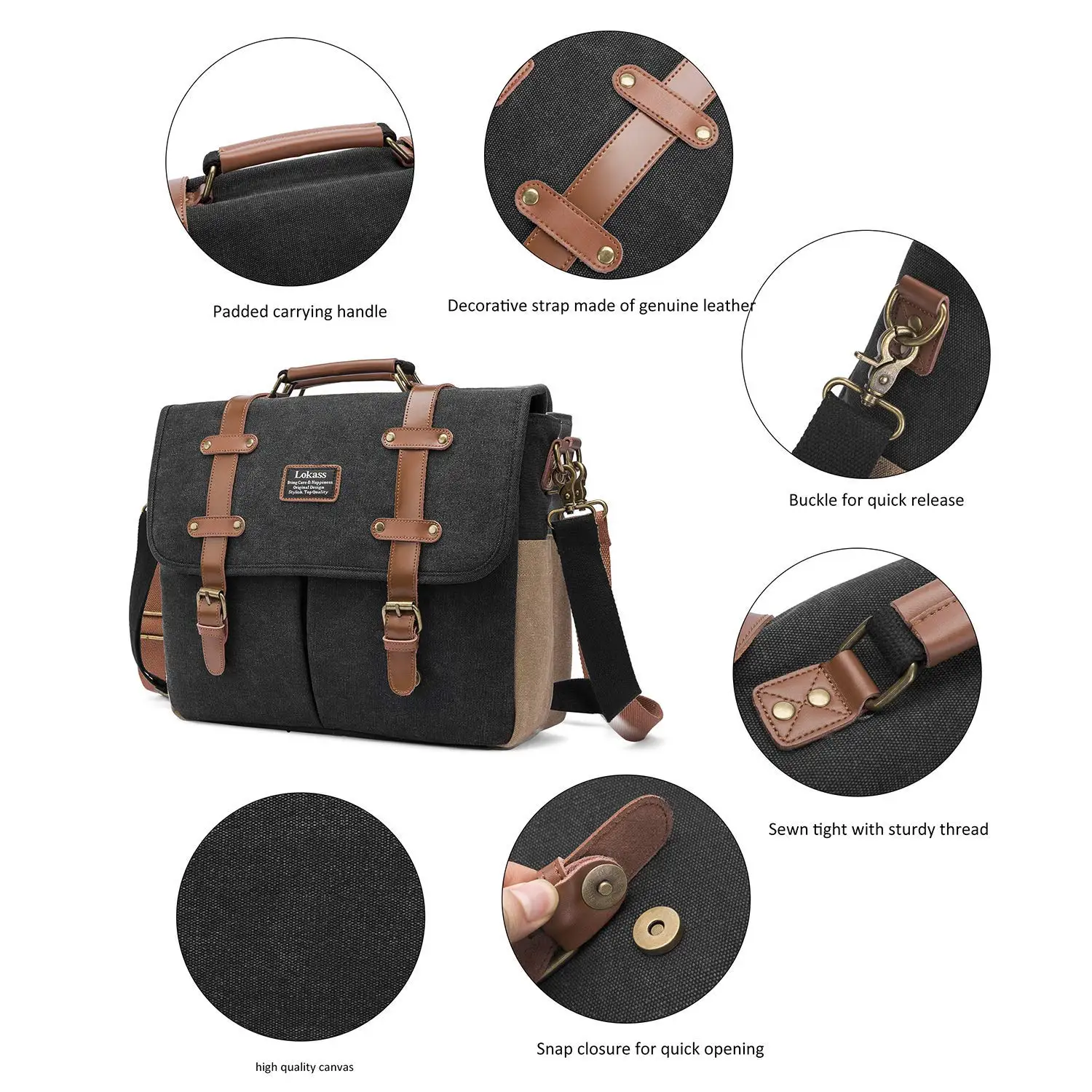 Lokass 15.6 Inch Laptop Shoulder Bag Canvas Genuine Leather Business