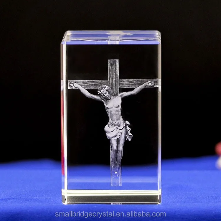 Small Bridge Wholesale Customization Religious Cross Saint Jesus Statue 3D Engraved Crystal Cube for Souvenir Gifts