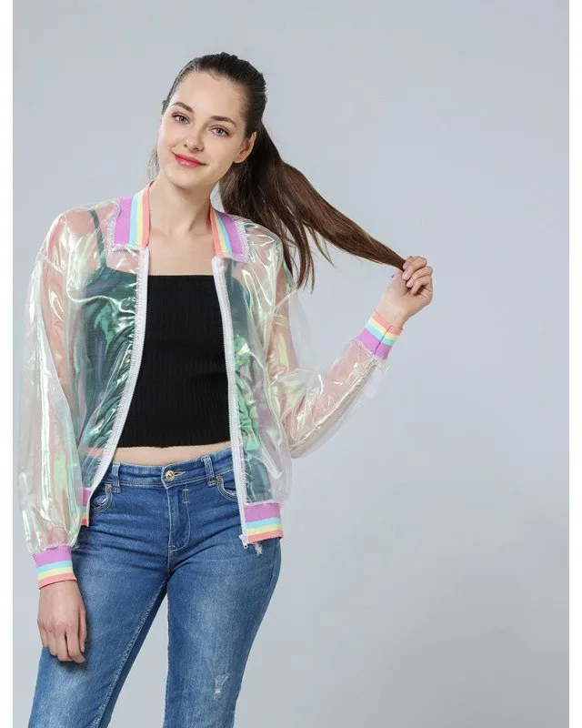 

Summer Women Jacket Laser Rainbow Symphony Hologram Women Coat Iridescent Transparent Bomber Jacket Sunproof