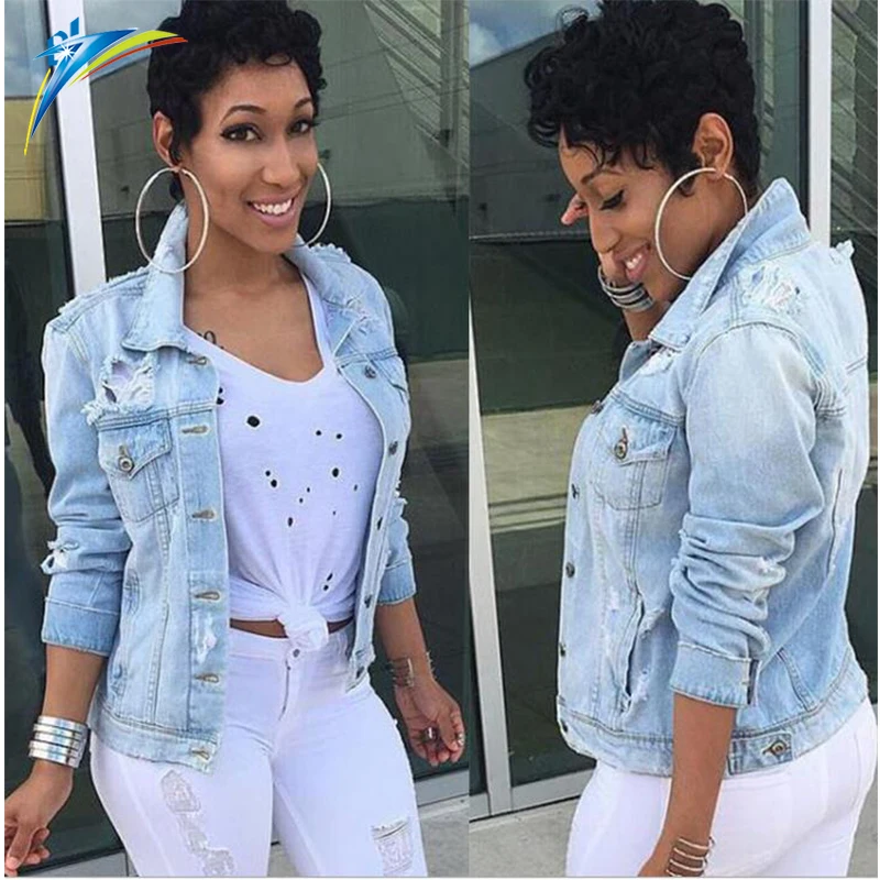 China Factory price wholesale hole denim coat for women long sleeve short denim blouse tops