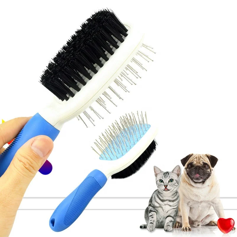 

Double face pet hair Cleaning Grooming Comb dog brush by stainless steel for dogs and cats, Blue pink