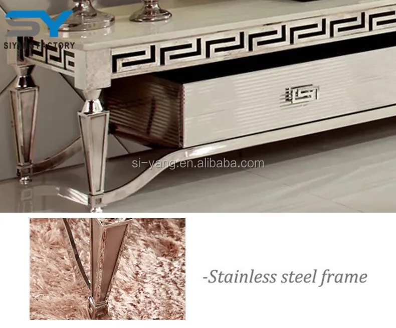 2017 White Marble Top Stainless Steel Tv Stand With Two Drawers Ds004