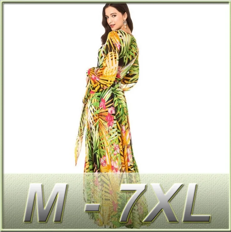 

Spring and Summer Plus Size M-5XL 6XL Women's Tropical Plants Floral Printed Chiffon Dresses Boho Sexy Bohemia Beach Maxi Dress, Green / customized