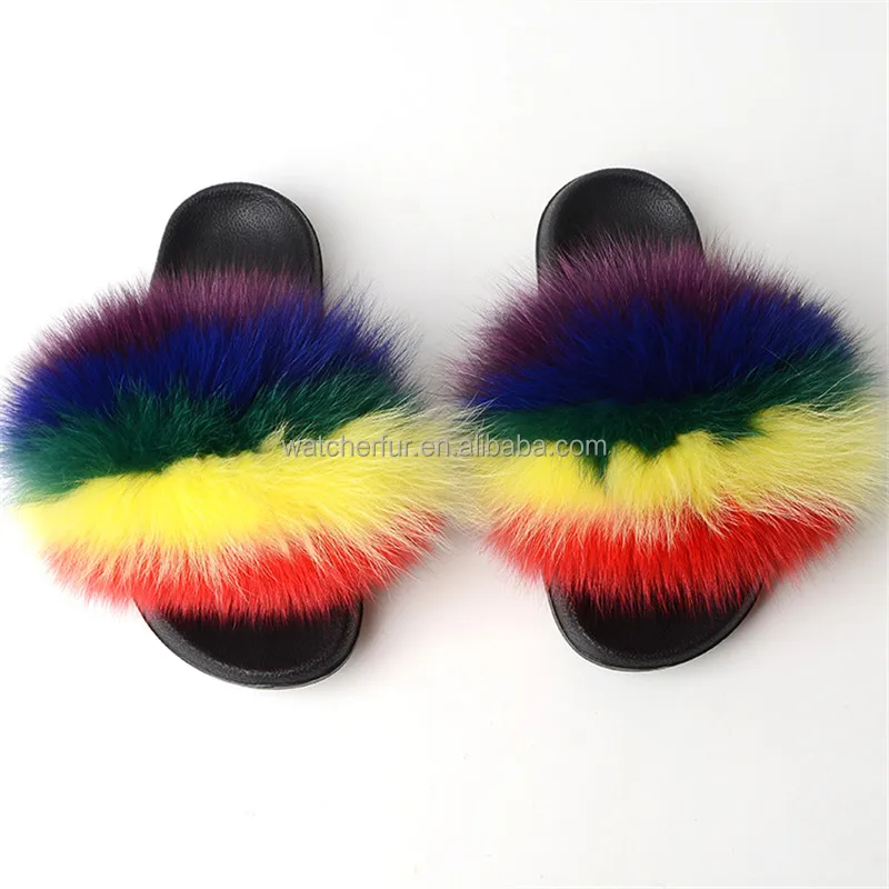 

Multicolor Women New Fashion Fox Fur Slippers Wholesale Fluffy Fancy Shoe Slippers Ladies Slippers Designs With Fox, Picture