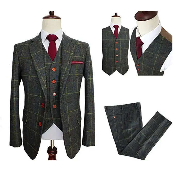 

Classic Tweed Herringbone Wool Blend Men Suit 3 Pieces Check Plaid Dark Green Striped Blazer