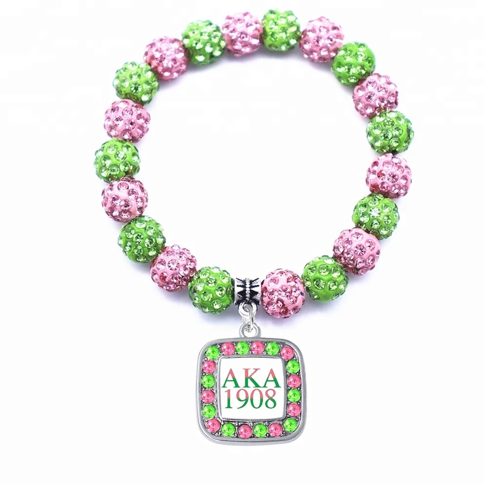 

Hususru Alpha Ka Alpha Sorority 1908 Charm pink and green paved bead Bracelet Stretchable fits mostly all wrist