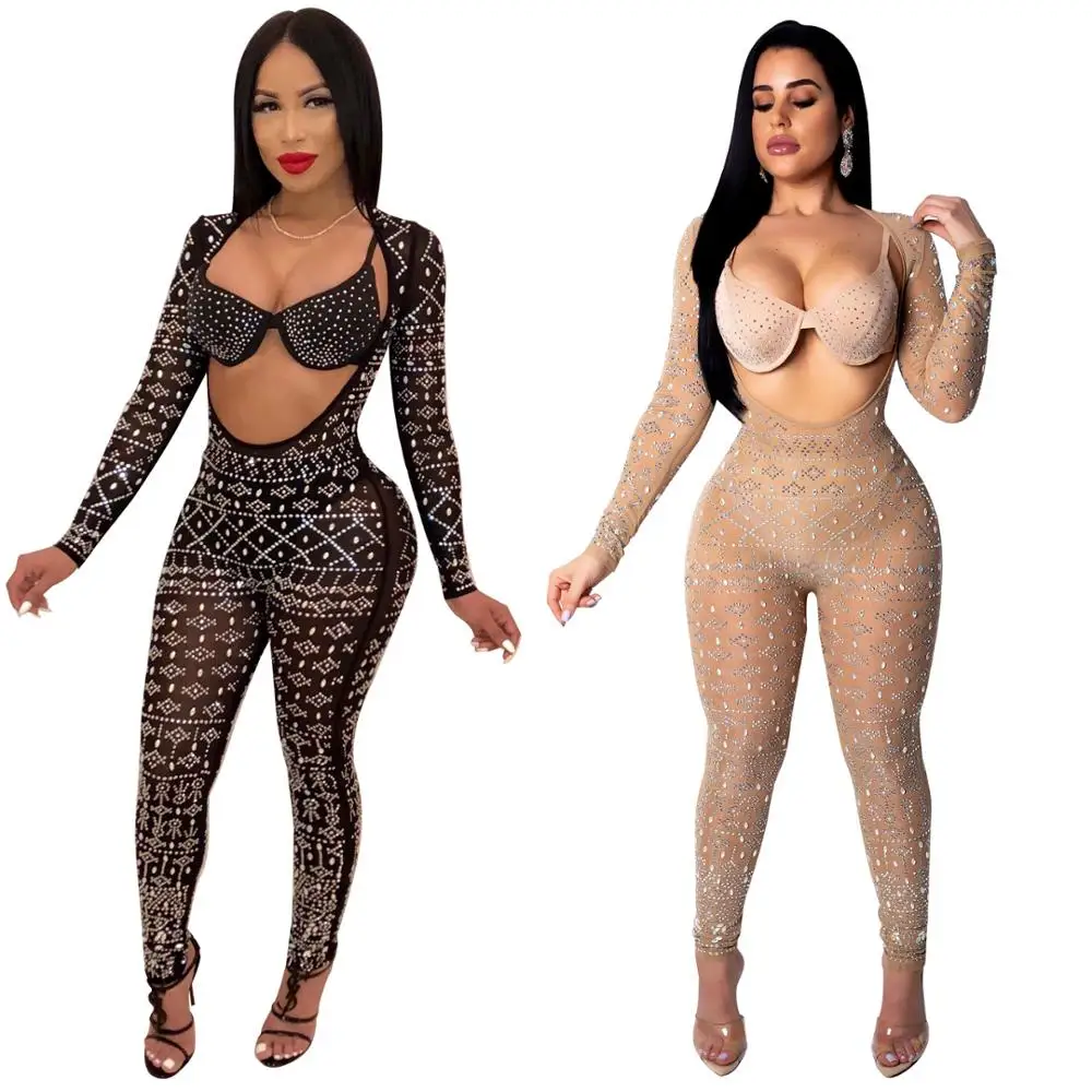 

WA8705 women sexy mesh transparent cleavage bodycon rhinestones club jumpsuit