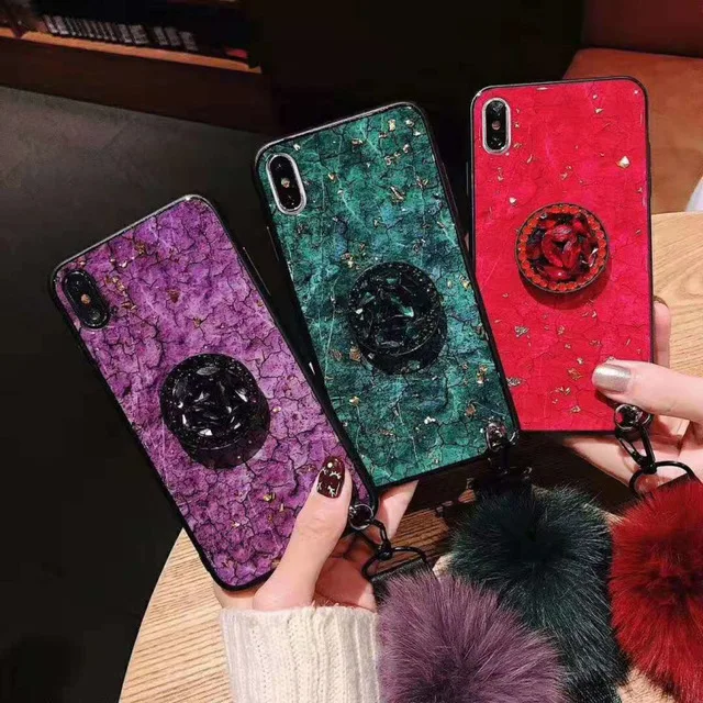 

Factory Marble Case For iPhone XR X XS MAX 7 8Plus Platinum Glitter silicone Cover Stand Strap Fur Ball, Colorful