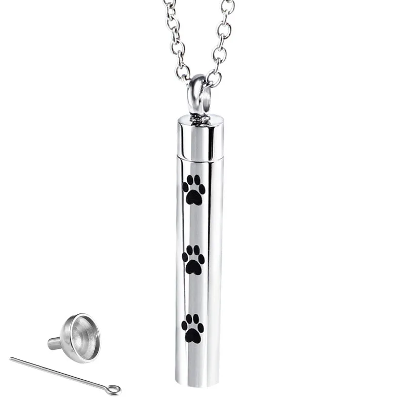 

Cylinder dog paw design Low moq 316l stainless steel perfume necklace relatives pets ashes urn cremation pendant, Silver gold