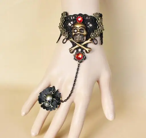 

Halloween retro jewelry pirate skull black lace female ring slave chain bracelet