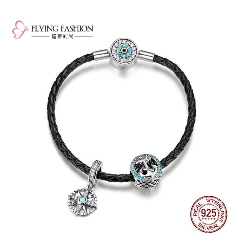 

Leather Bracelet Charm Bead Bangle, Silver