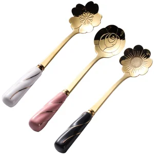 Image of ceramic handle dessert tea small spoon stainless steel cherry blossom rose flower shape coffee spoon