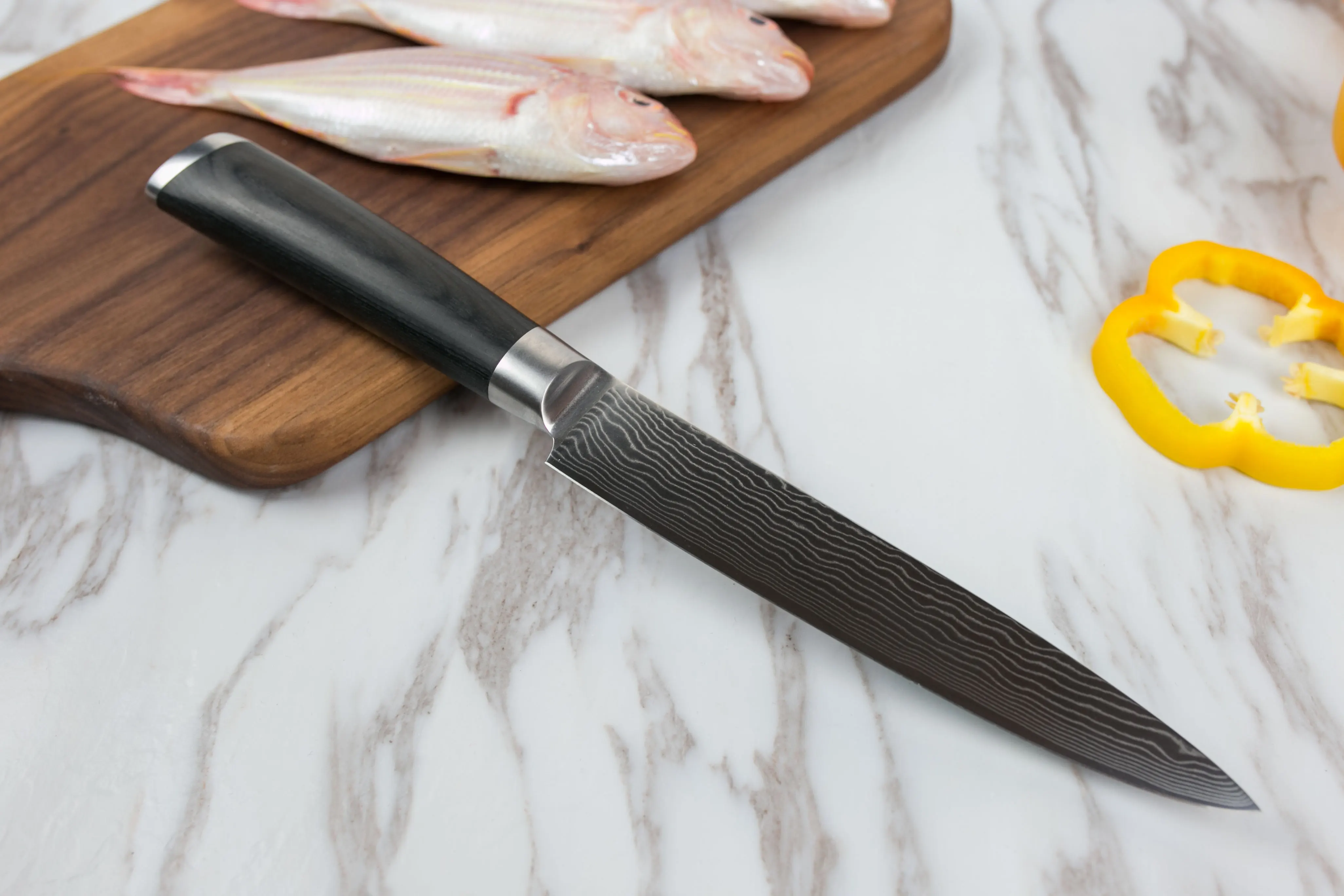 8 inch slicing knife damascus fixed blade with a