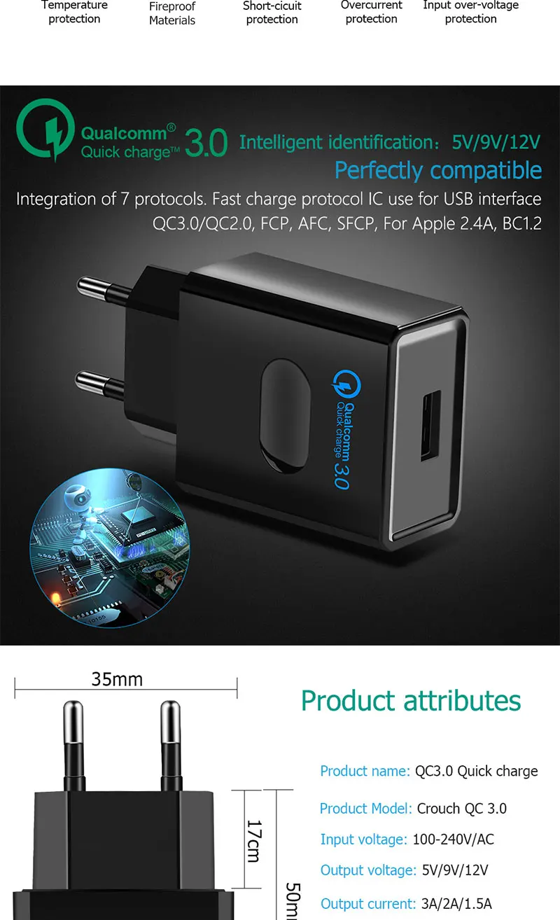 Cable charger Quick charge 3.0 usb wall charger For iphone 7 8 Samsung Huawei Xiaomi Mobile Phone android charger