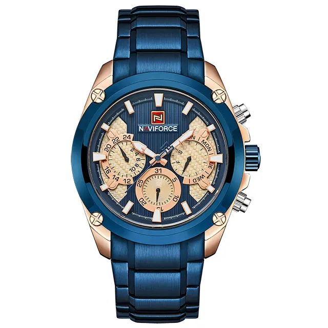 

NAVIFORCE 9113 Full Steel Casual Blue Mens Watches Top Brand Luxury Quartz Gold Dial Watch, 6 color available