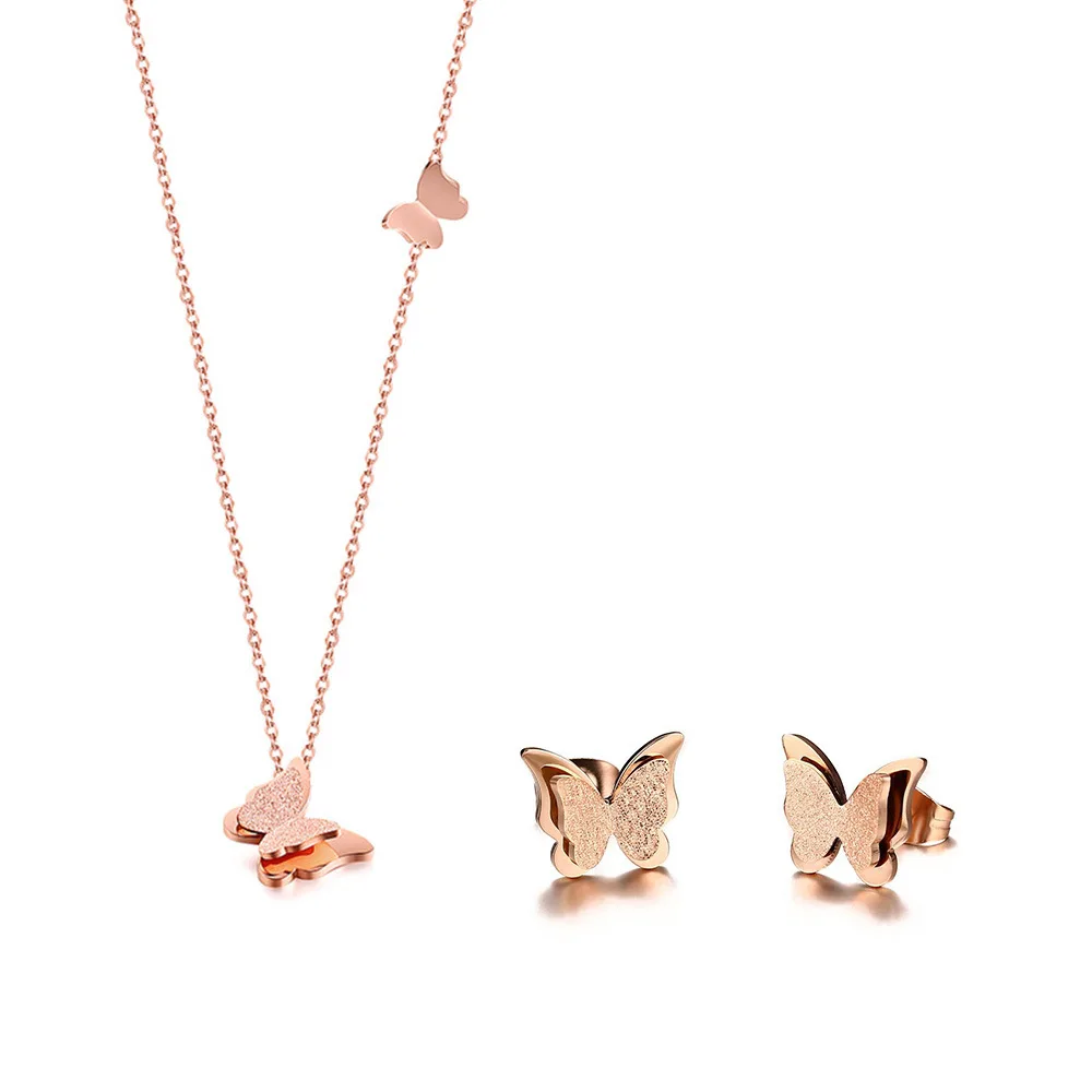 

Cute matte double butterfly charm necklace rose gold color stainless steel chain necklace jewelry female