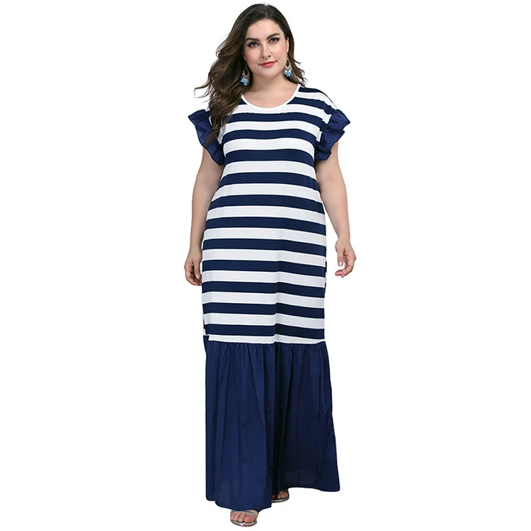 

Plus Size Women Clothing Short Sleeve Frill Stripes Maxi Dress For Women