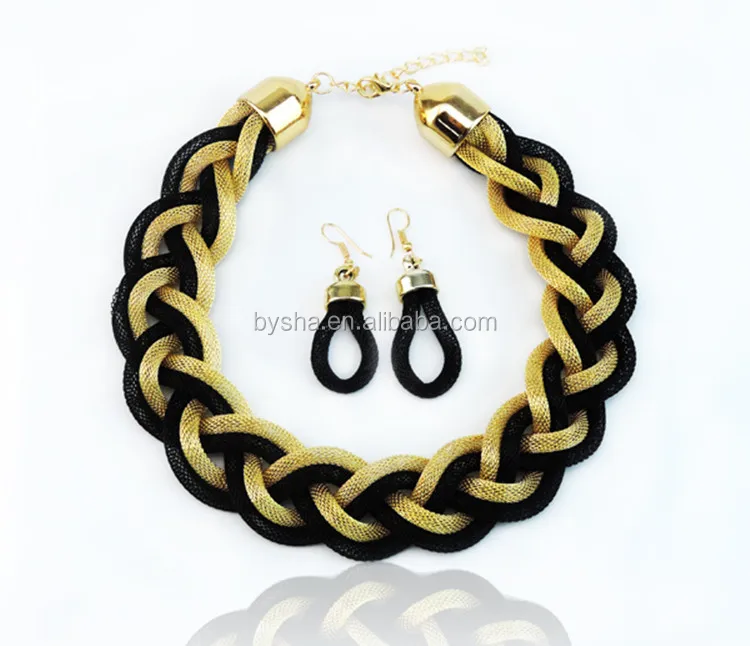 

Fashion Jewelry Set Black Gold Mix Color Plated Braid Mesh Necklace Earrings, Mix color;gold;black;steel with rose gold
